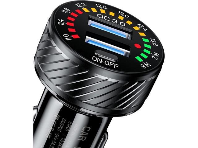 KEHIPI Car Charger, Dual QC3.0 Port USB Car Charger Adapter, 36W 3A Fast Charge Car Phone Charger with Colorful Voltmeter & ON/Off Switch (Black)
