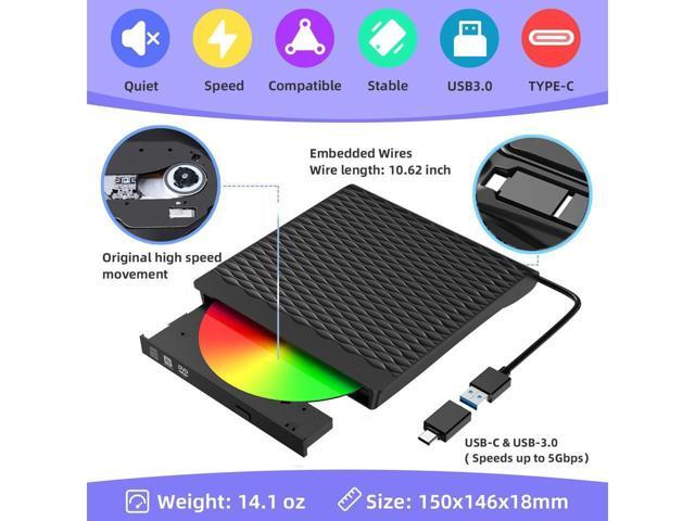 KEHIPI External CD DVD Drive, USB 3.0 Type C External CD/DVD Burner, Portable CD ROM Optical Drive Player Reader Disk Disc with Laptop Desktop PC...
