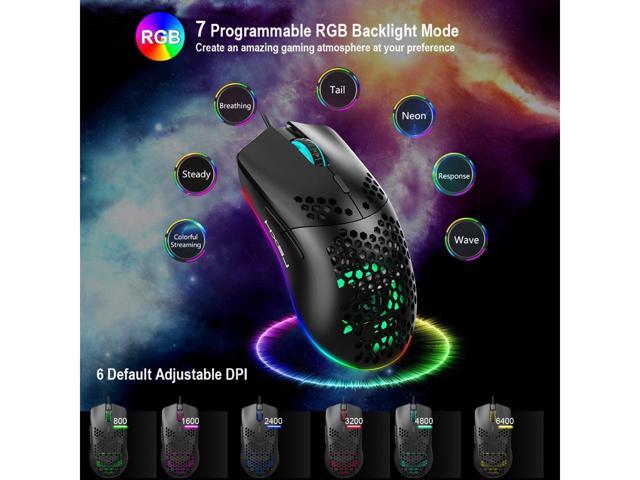 KEHIPI Programmable RGB Gaming Mouse, 6 DPI (1000/1600/2400/3200/4800/6400) 96g Ultra Lightweight Honeycomb Optical LED Wired Mouse with...