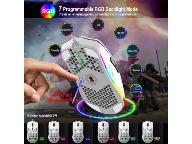KEHIPI Programmable RGB Gaming Mouse, 6 DPI (1000/1600/2400/3200/4800/6400) 96g Ultra Lightweight Honeycomb Optical LED Wired Mouse with...