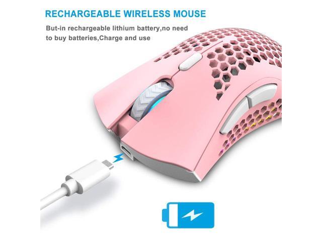 KEHIPI Wireless Gaming Mouse Rechargeable USB PC Gaming Mouse RGB Backlit Mouse Ergonomic Optical Mice W/Honeycomb Shell for PC Computer Laptop Pink