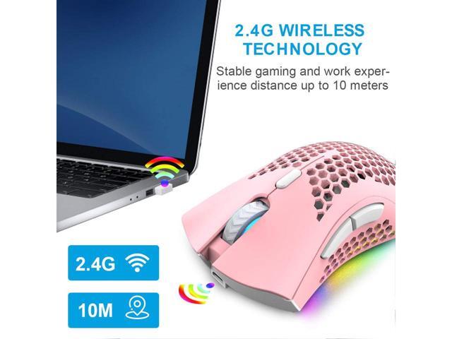 KEHIPI Wireless Gaming Mouse Rechargeable USB PC Gaming Mouse RGB Backlit Mouse Ergonomic Optical Mice W/Honeycomb Shell for PC Computer Laptop Pink