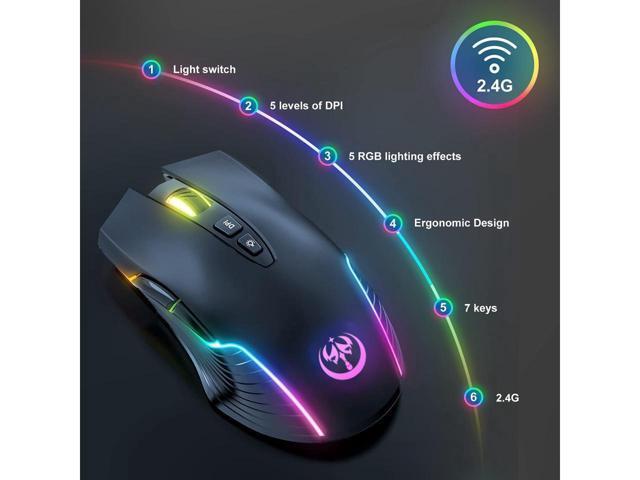 KEHIPI RGB Wireless Gaming Mouse, Rechargeable Computer Mice with 5 Adjustable DPI Up to 3600, Ergonomic Laptop PC Mouse with 7 Buttons (Not...