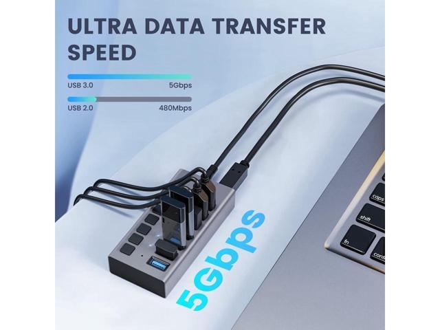 Powered USB Hub - KEHIPI 7 Ports 90W USB 3.0 Data Hub, Individual On/Off Switches, 12V/7.5A Power Adapter, 5Gbps High Speed, USB 3.0 Splitter for...