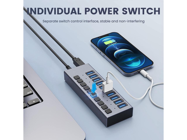 Powered USB Hub - KEHIPI 10 Ports 90W USB 3.0 Data Hub, Individual On/Off Switches, 12V/7.5A Power Adapter, 5Gbps High Speed, USB 3.0 Splitter for...