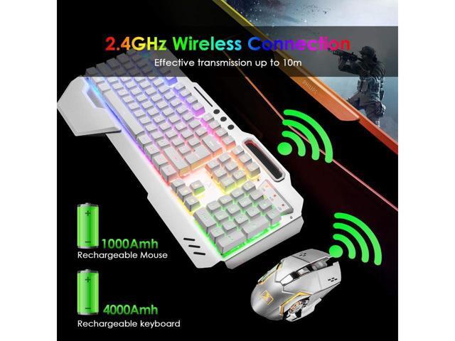 KEHIPI Wireless Gaming Keyboard and Mouse,Rainbow Backlit Rechargeable Keyboard Mouse with 3800mAh Battery Metal Panel,Removable Hand Rest...