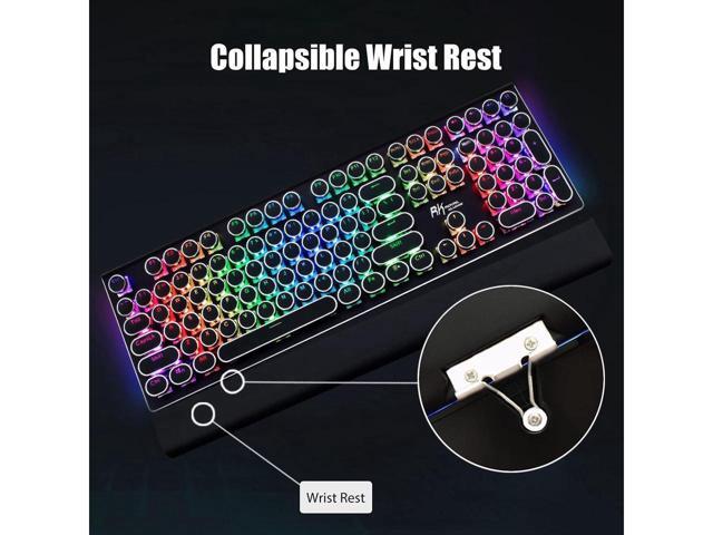 KEHIPI Typewriter Style Mechanical Gaming Keyboard with True RGB Backlit Collapsible Wrist Rest 108-Key Blue Switch Retro Round Keycap, Black