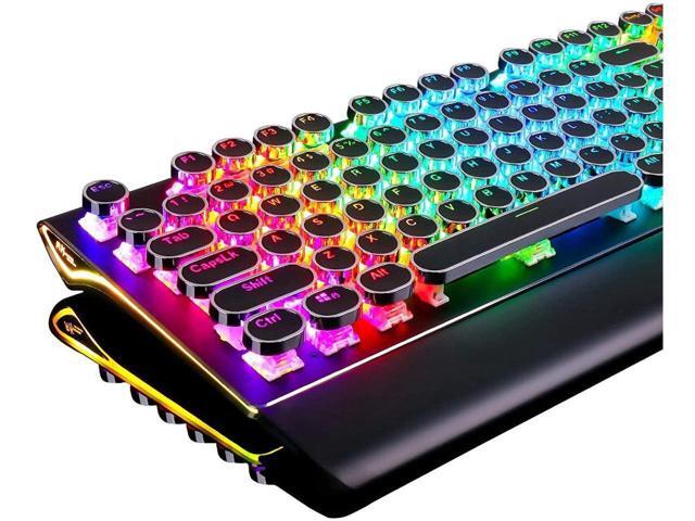 KEHIPI Typewriter Style Mechanical Gaming Keyboard with True RGB Backlit Collapsible Wrist Rest 108-Key Blue Switch Retro Round Keycap, Black