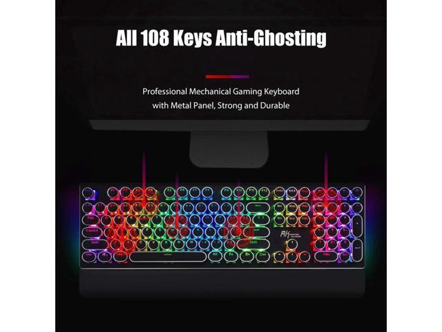 KEHIPI Typewriter Style Mechanical Gaming Keyboard with True RGB Backlit Collapsible Wrist Rest 108-Key Blue Switch Retro Round Keycap, Black