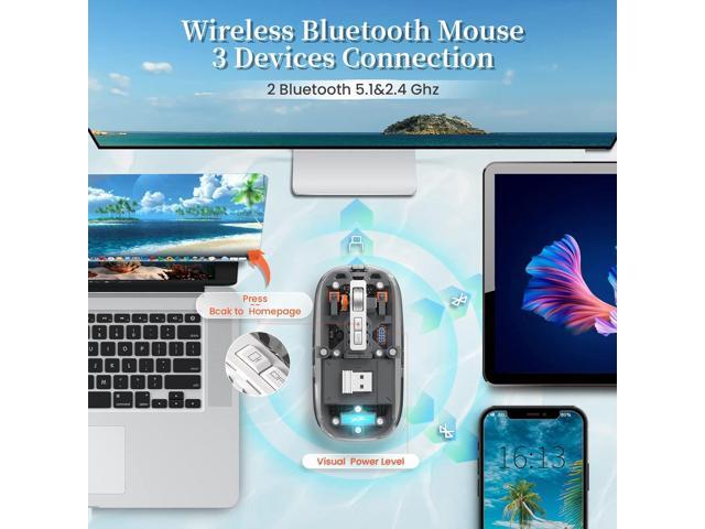 KEHIPI Wireless Bluetooth5.1 & 2.4G Mini Lightweight Mouse,Transparent Clear Cool,Rechargeable Silent Computer Mice,Nano USB C Receiver,LED Battery...
