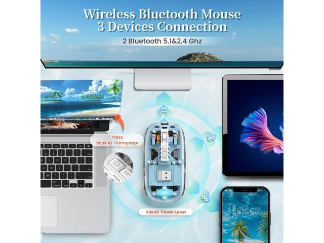 KEHIPI Wireless Bluetooth5.1 & 2.4G Mini Lightweight Mouse,Transparent Clear Cool,Rechargeable Silent Computer Mice,Nano USB C Receiver,LED Battery...