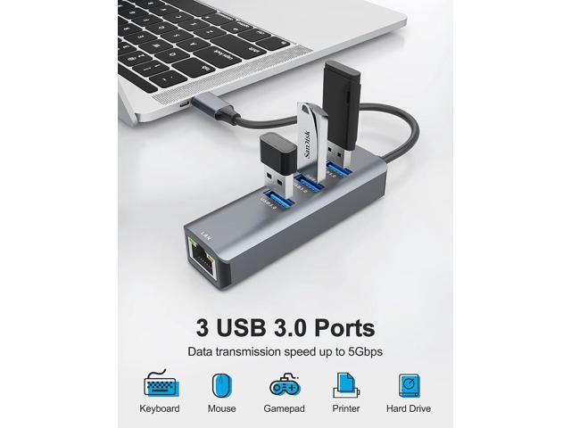 KEHIPI Ethernet to USB C Adapter, 4-in-1 Aluminum USB C to Ethernet Adapter, with 3 USB 3.0 Ports, for MacBook Pro 2019/2018/2017, Chromebook,...