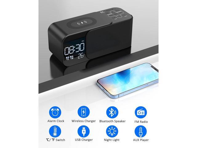 KEHIPI Alarm Clock Radio with Wireless Charger, Clock Radio with Bluetooth Speaker & Aux, Dual Alarms with 8 Sounds, Snooze, USB Charging Port, 3...