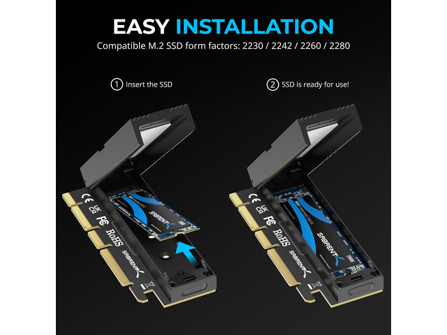 SABRENT M.2 NVMe SSD to PCIe x16 Tool-Free Add-In Card (AIC) with Aluminum Heatsink, M.2 PCIe Adapter for Gen5 SSDs PCIe 5.0, Backwards Compatible...