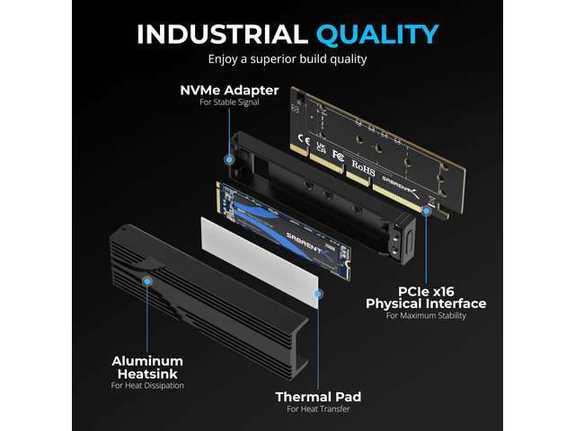 SABRENT M.2 NVMe SSD to PCIe x16 Tool-Free Add-In Card (AIC) with Aluminum Heatsink, M.2 PCIe Adapter for Gen5 SSDs PCIe 5.0, Backwards Compatible...