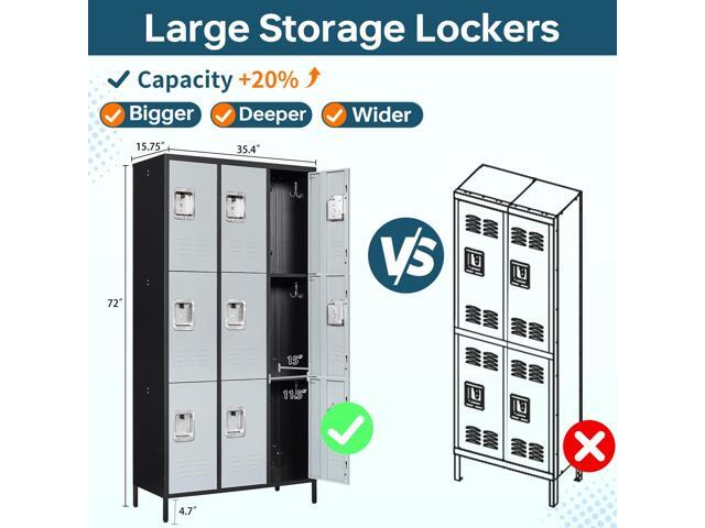 3 Tier Metal Lockers 3-Wide, 72' x 36' x 16' Storage Locker Units with 9 Compartments, Large Employee Locker with Shelves, Lockable Doors and...