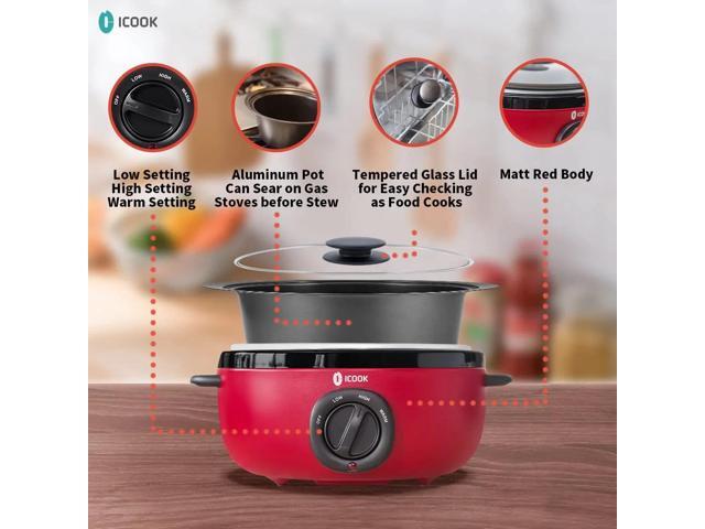 HOPDAY 6.5 Quart Slow Cooker, Aluminium Sear/Sauté Stew Pot Stovetop Safe, Dishwasher Safe, Glass Lid, Adjustable Temp, Food Warmer (Red)