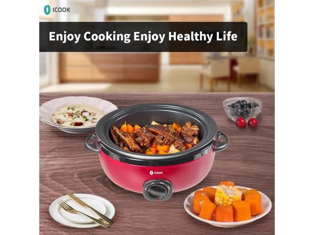 HOPDAY 6.5 Quart Slow Cooker, Aluminium Sear/Sauté Stew Pot Stovetop Safe, Dishwasher Safe, Glass Lid, Adjustable Temp, Food Warmer (Red)