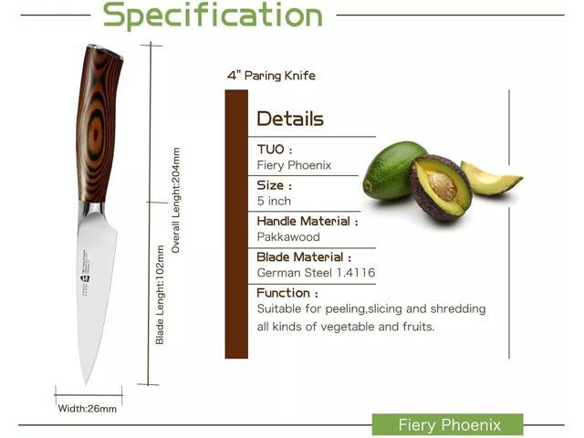 TUO Cutlery 4'' Paring Knife - Pakkawood Handle, Fiery Phoenix Series, with Case
