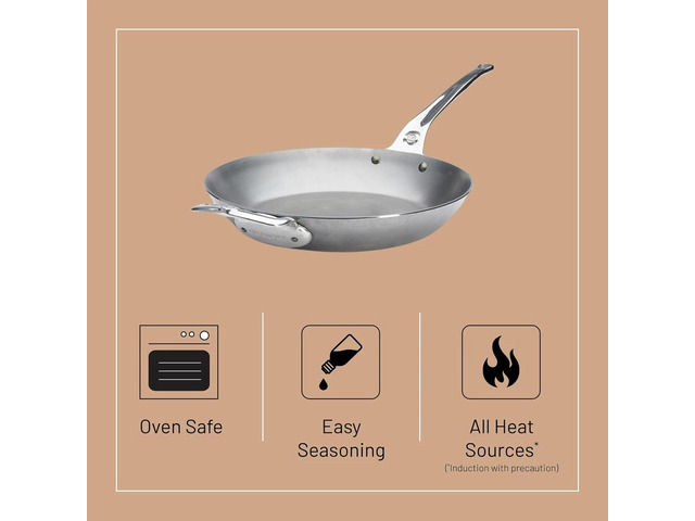 De Buyer 5680.32 Mineral B Carbon Steel Fry Pan with Helper Handle, 1.7L, Silver