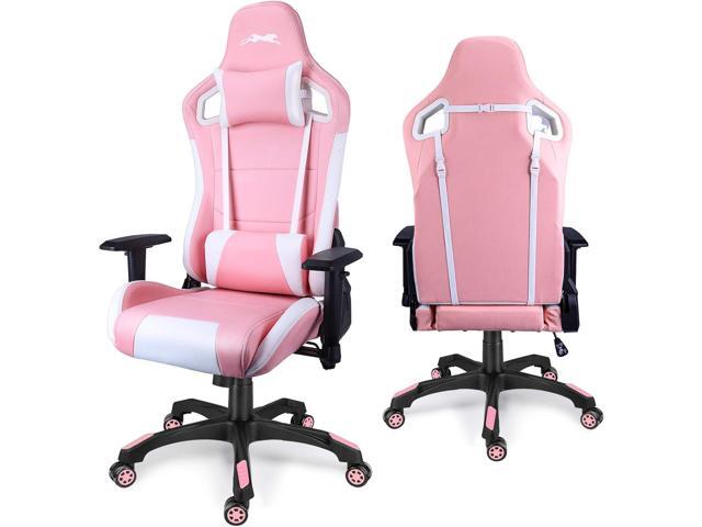 Leopard Gaming Chair, High Back PU Leather Office Chair, Adjustable Video Gaming Chairs, Swivel Racing Chair with Adjustable Armrest (White/Pink)