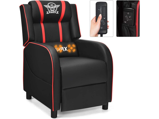 GYMAX Gaming Recliner, Massage Gaming Chair with Adjustable Backrest Footrest, Remote Control & Side Pocket, Ergonomic Game Lounge Chair, Racing...