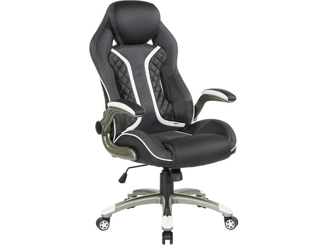 OSP Home Furnishings Xplorer 51 Ergonomic Adjustable High Back Gaming Chair with Lumbar Support and Padded Flip Arms, Black Faux Leather with White...