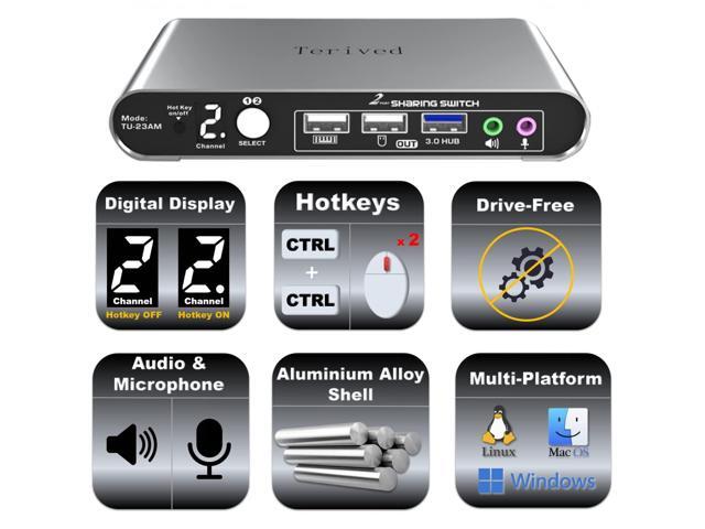 Terived USB Switch Selector with Audio and Microphone, Hotkey Switch, Digital Display, Aluminum Shell, 2 Computers Sharing 3 USB Devices for PC...