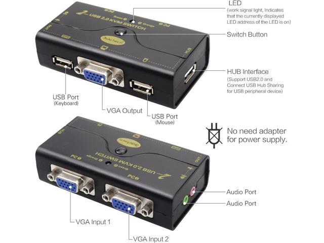 2 Port USB 2.0 VGA KVM Switch Up to 2048x1536 Resolution with USB Hub and Audio for PC or Monitor Switching