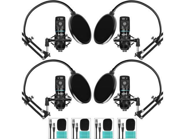 Movo PodPak4A 4-Pack Universal XLR Condenser Microphone Podcast Equipment Bundle for 4 - Includes Cardioid Mics, Desk Mount Stands, Shock Mounts,.
