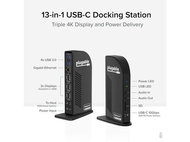 Plugable 4K Docking Station Triple Monitor with 100W Power Delivery, USB-C Dock for Thunderbolt and USB-C Windows and Mac M1 M2 M3, Driver Required...