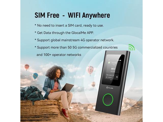 GlocalMe Numen Air 5G Portable WiFi Mobile Hotspot for Travel, CloudSIM Tech, Touch Screen, Network Congestion Monitoring, with Lifetime 16+1GB Data