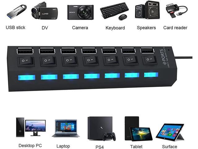 USB Splitter Multi Port USB 2.0 Hub, 7 Port with Independent On/Off Switch and LED Indicators USB A Port Data Hub, Suitable for PC Computer...