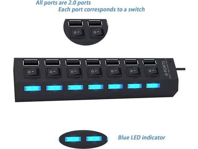 USB Splitter Multi Port USB 2.0 Hub, 7 Port with Independent On/Off Switch and LED Indicators USB A Port Data Hub, Suitable for PC Computer...