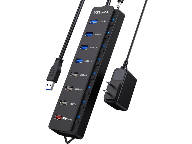 Powered USB Hub, VKUSRA 8-Port USB Hubs Splitter (4 USB 3.0 Ports + 3 USB 2.0 Ports + 1 Smart Charging Port) with Individual On/Off Switches,...