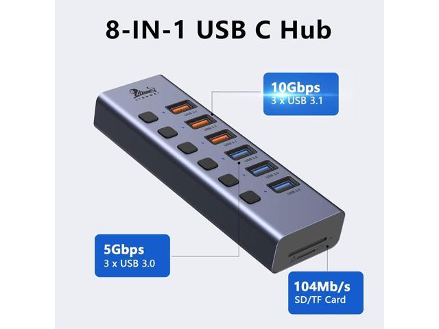 Powered USB Hub,8-Port USB Splitter with 3*USB 3.1(10Gbps), 3*USB 3.0 Ports, SD/TF Card Readers, Individual Switches, USB 3.0 Hub with 5V/4A DC...