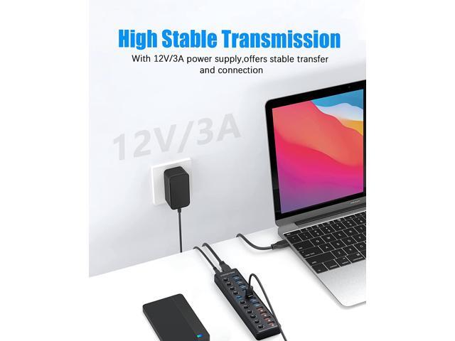 Powered USB Hub 3.0, 11-Port USB Hub Splitter (7 USB 3.0 Data Ports + 4 Smart Charging Port) with 12V/3A Power Adapter and LED Individual On/Off...