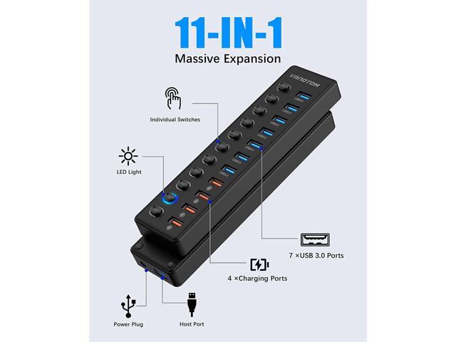 Powered USB Hub 3.0, 11-Port USB Hub Splitter (7 USB 3.0 Data Ports + 4 Smart Charging Port) with 12V/3A Power Adapter and LED Individual On/Off...