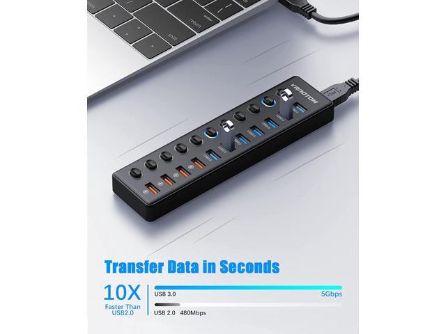 Powered USB Hub 3.0, 11-Port USB Hub Splitter (7 USB 3.0 Data Ports + 4 Smart Charging Port) with 12V/3A Power Adapter and LED Individual On/Off...