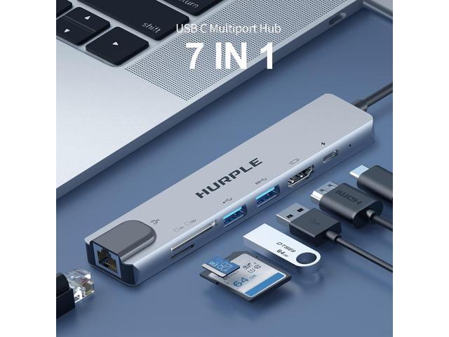 USB C Hub, 7-in-1 USB C Hub Multiport Adapter with USB C to HDMI, RJ45 Ethernet, 100W Power Delivery, USB 3.0 and SD/TF Card Reader, Hurple USB-C...