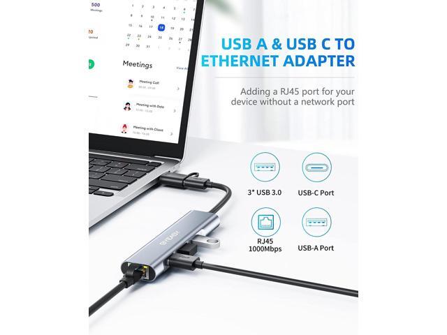 BYEASY Ethernet Adapter with USB-A and USB-C Ports,4-in-1 USB 3.0 Hub with RJ45 10/100/1000 Gigabit Internet Converter LAN Wired, Aluminum Portable...
