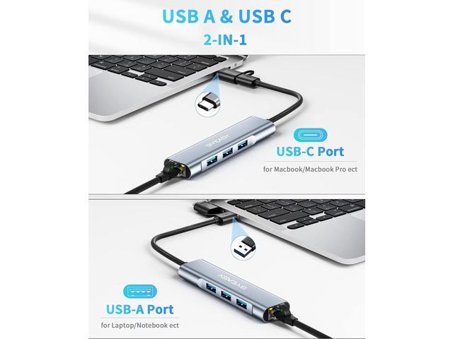 BYEASY Ethernet Adapter with USB-A and USB-C Ports,4-in-1 USB 3.0 Hub with RJ45 10/100/1000 Gigabit Internet Converter LAN Wired, Aluminum Portable...