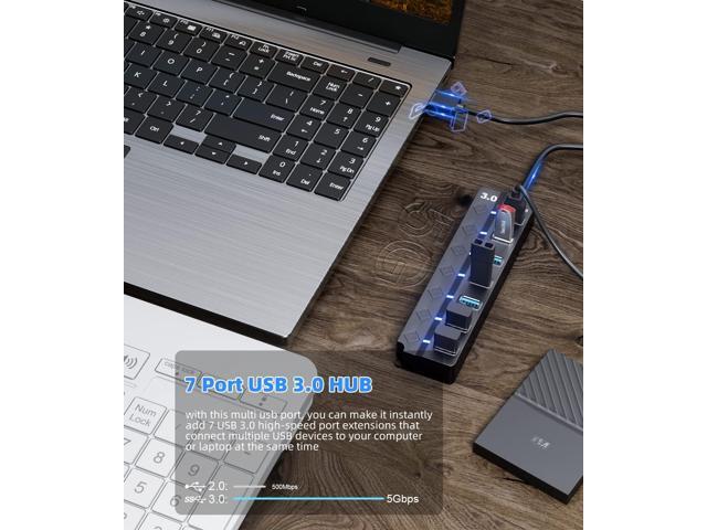 USB Hub 3.0, Eanetf 7 Port USB hub with LED Individual On/Off Switches and Extended Long Cable for MacBook, Mac Pro, Mac Mini, iMac, Surface Pro,...