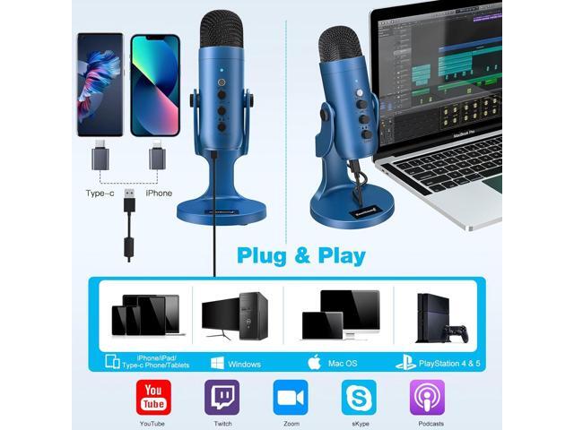 USB Microphone,Condenser Gaming Mic for Phone/Laptop/PC/PS4/5/Computer,Microphone with Gain Knob,LED Mute,Monitor Volume Adjustment,Stand Base for...