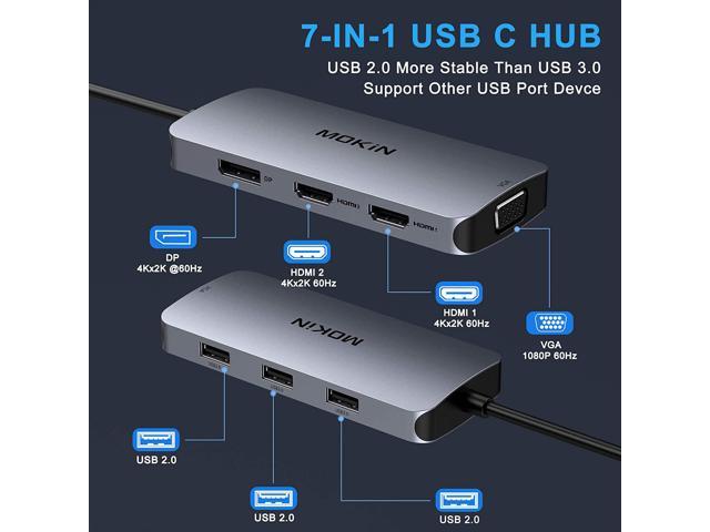 MOKiN USB C to Dual 4K HDMI Adapter,USB C Dual Monitor Docking Station,USB C Hub with 2x4K 60Hz HDMI,Displayport Port & VGA,3xUSB 2.0,Compatible for...