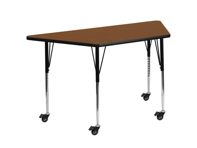 Flash Furniture Mobile 24 by 48-Inch Trapezoid Activity Table with 1.25-Inch Thick High Pressure Oak Laminate Top and Standard Height Adjustable Legs