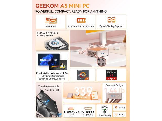 GEEKOM A5 Mini PC with AMD Ryzen 5 7430U, 3-Year Coverage, 16GB RAM(Upgradable, Not LPDDR)&512GB M.2 NVMe SSD, Windows 11 Pro Desktop Computer...