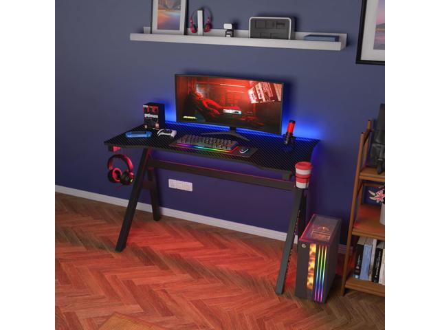 Gaming Desk Computer Desk 47 Inch Home Office Desk Extra Large Modern Ergonomic Black PC Carbon Fiber Table Gamer Workstation with Cup Holder...