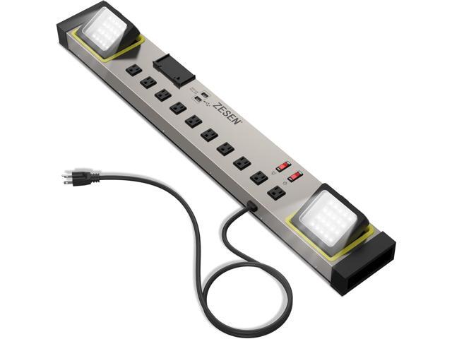 10-Outlet Power Strip with LED Worklight Surge Protector 4ft Cord with Dual Smart USB, Workshop/Garage/Office/Home, ETL Listed