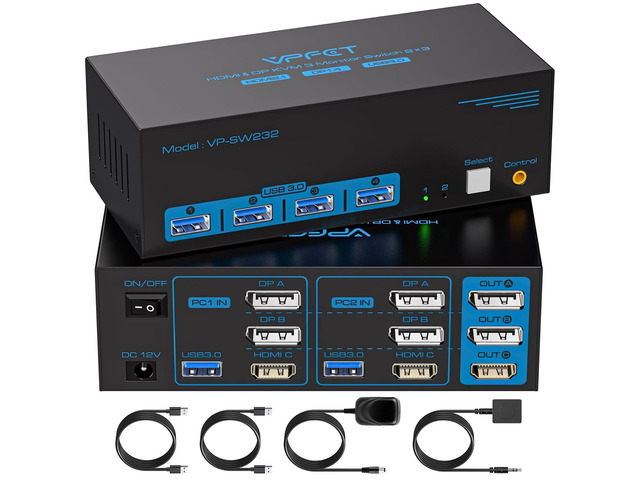 8K@60Hz HDMI Displayport KVM Switch 3 Monitors 2 Computers 4K@120Hz Triple Monitor KVM Switches for 2 PC Share 4 USB 3.0 Ports Support Extended &...